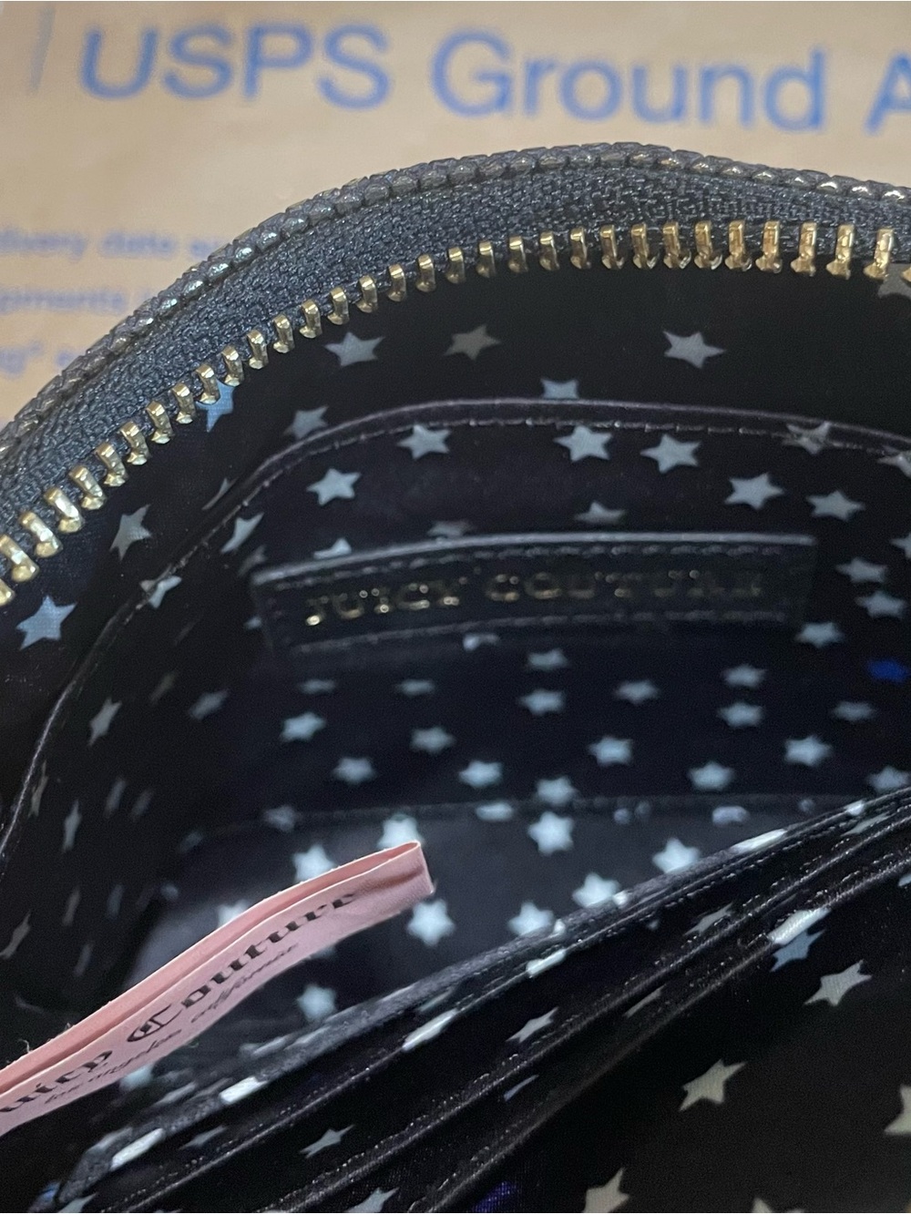Juicy Couture Black 100% Goat Leather Wristlet with Metallic Stars EUC - Picture 9 of 10